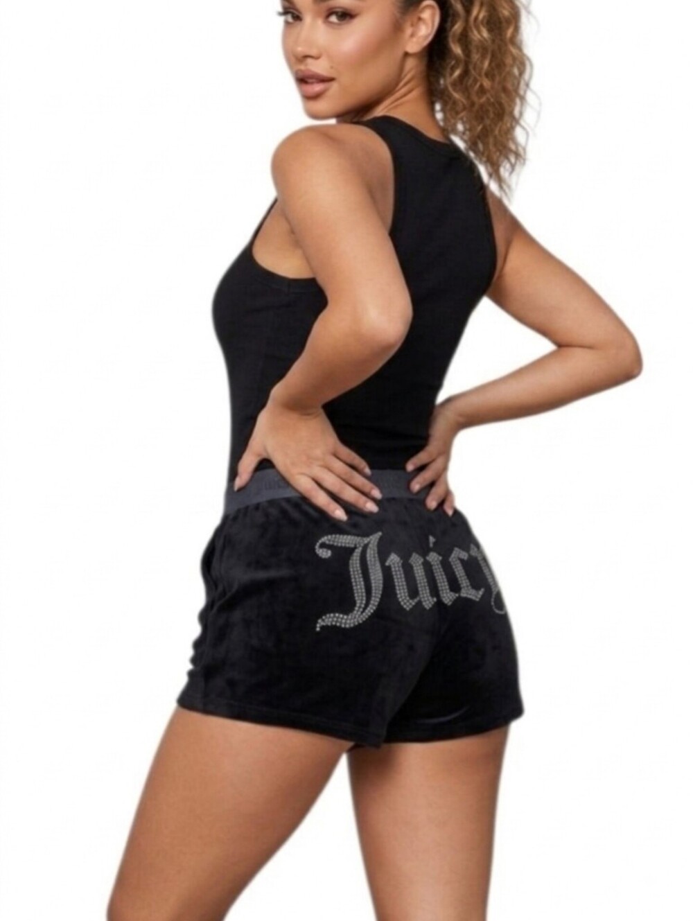 Juicy Couture Black Velour Rhinestone Lounge Shorts Sleepwear Bling Logo Size L
